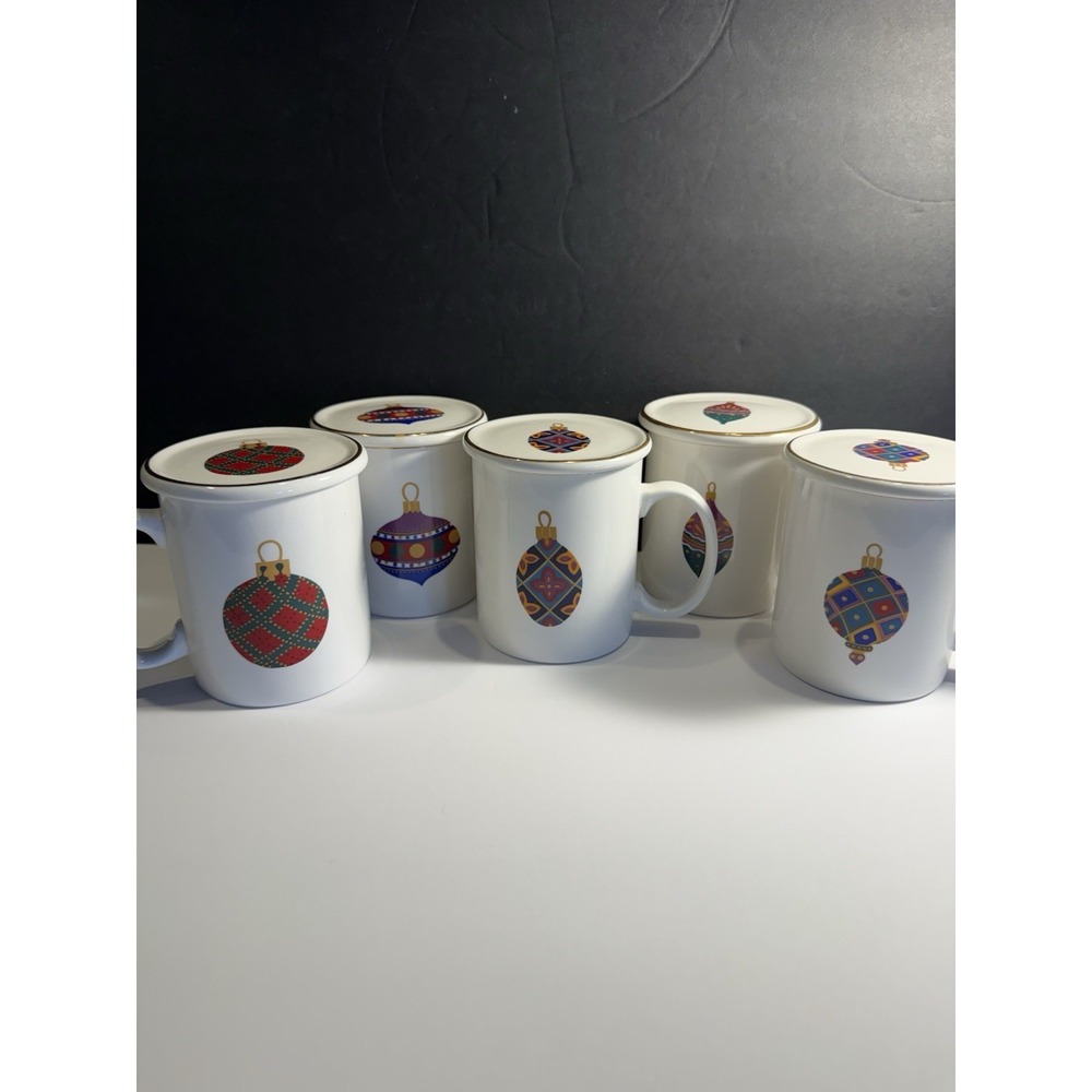 Gibson Christmas Ornament Mugs With Lids Set of 5 Holiday Coffee Cups